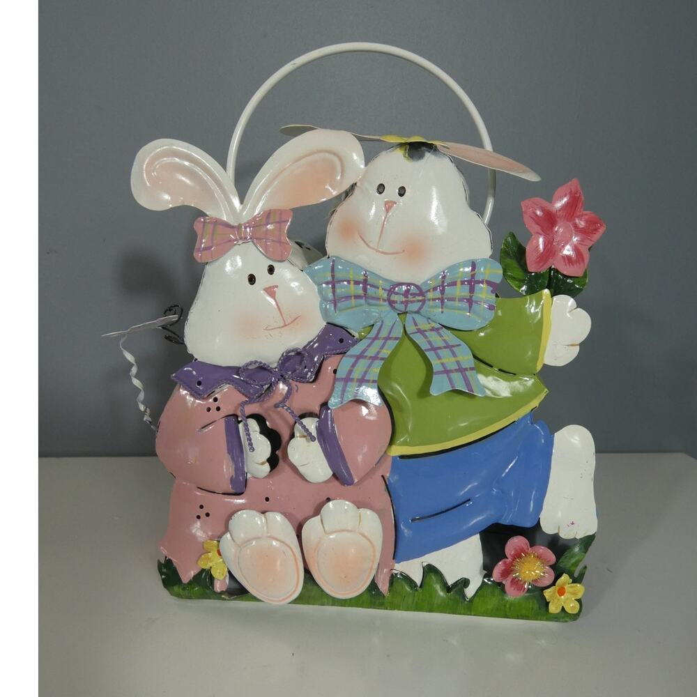 Vintage Bunny Couple Tin Candleholder Home Interior & Gifts Easter Decor